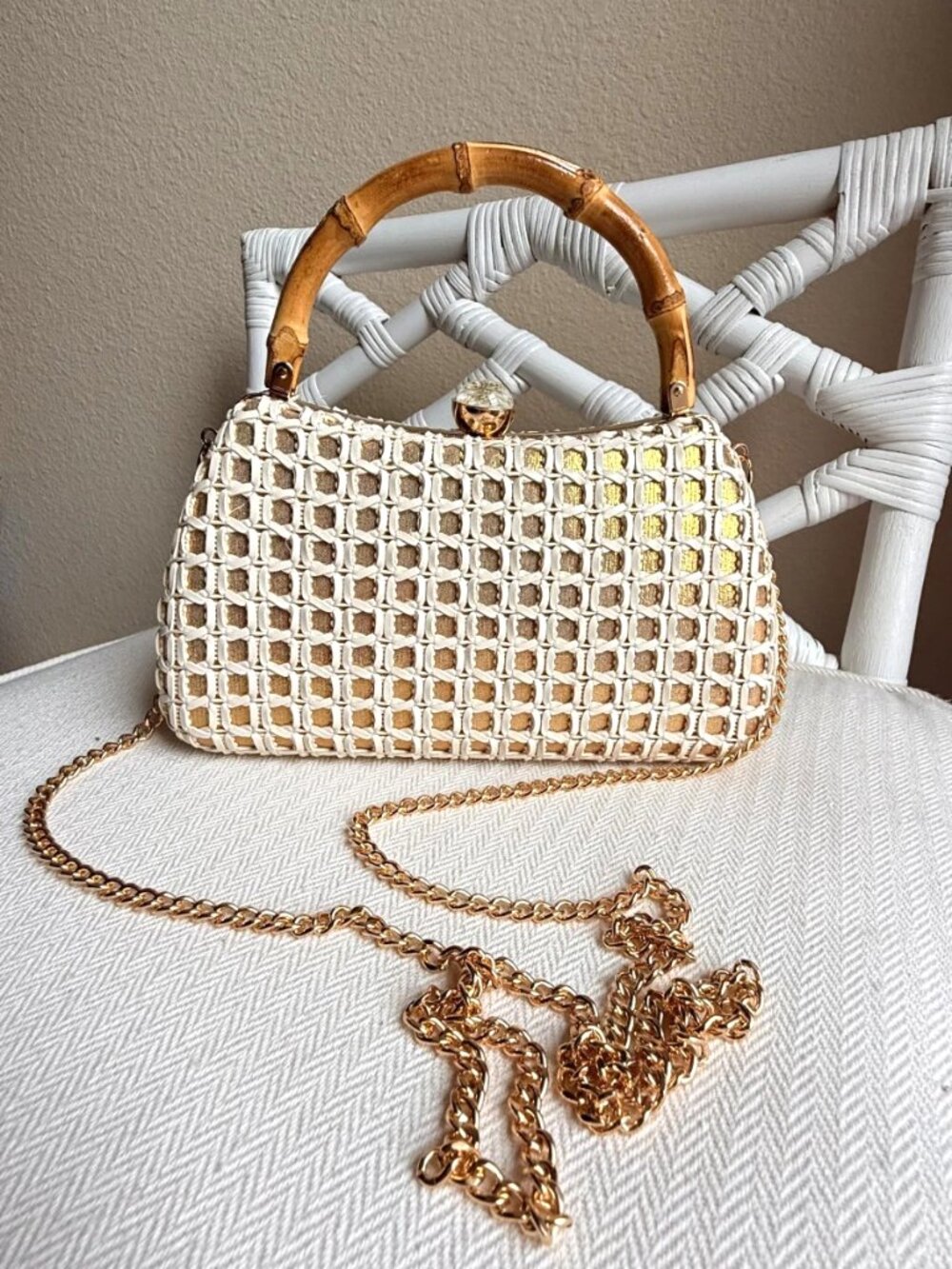 Tommy Bahama Woven Bamboo Handle Clutch Crossbody Chain Bag White Gold NWT